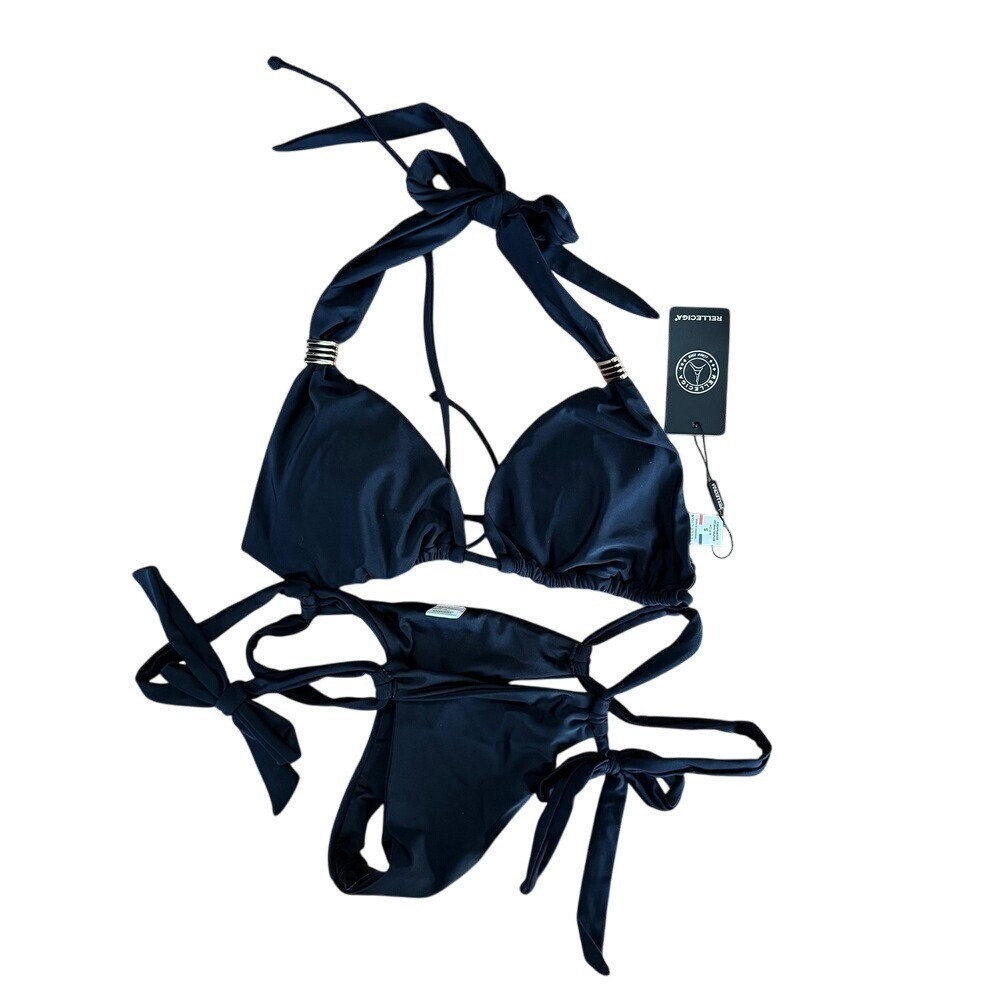 Relleciga Black Triangle Halter Bikini Set Gold Ring Hardware Side Tie Two Piece